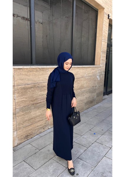 509 Desenli Triko Elbise Lacivert