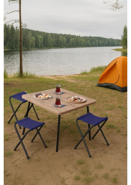45X60 cm Kamp Sehpası + 3 Adet Lacivert Tabure Piknik, Balkon Sehpası Katlanır Sehpa-A-3l
