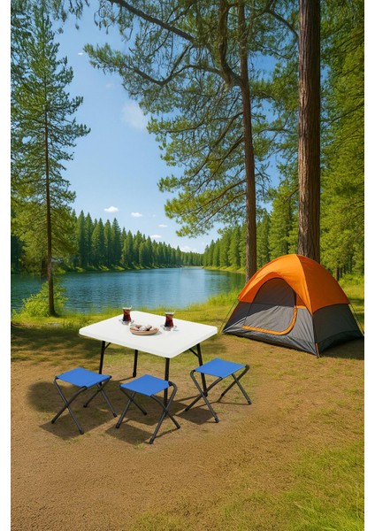 45X60 cm Kamp Sehpası + 3 Adet Mavi Tabure Piknik, Bahçe Balkon Sehpası Katlanır Sehpa-B-3m