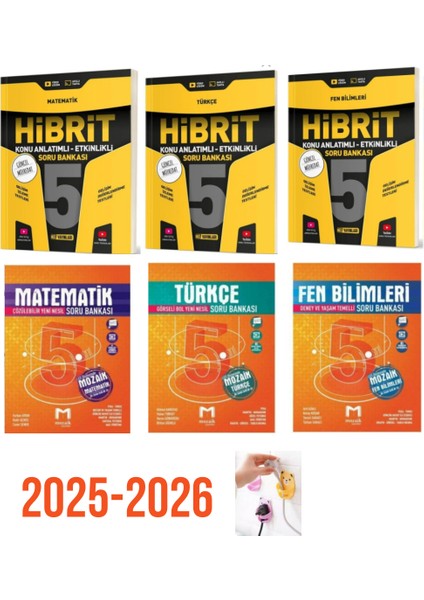 5.sınıf Hibrit Mat-Tür-Fen + Mozaik 5.sınıf Mat-Tür-Fen Soru Bankaları Set Ayıcık Fiş Tutucu Hediye