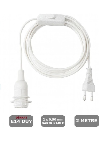 E14 Duylu 2 Metre Arapuarlı (AÇ KAPAT ANAHTAR) Fişli Seyyar (2X0,50) (BEYAZ)