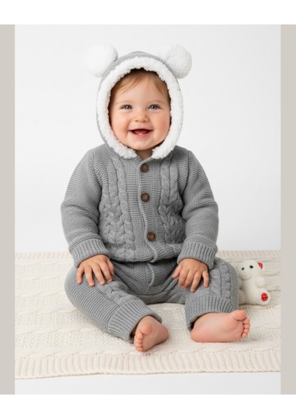 Asliva Bebek Triko Tulum – Kapüşonlu Kulak Detaylı Peluş Astarlı Kışlık Bebek Tulumu