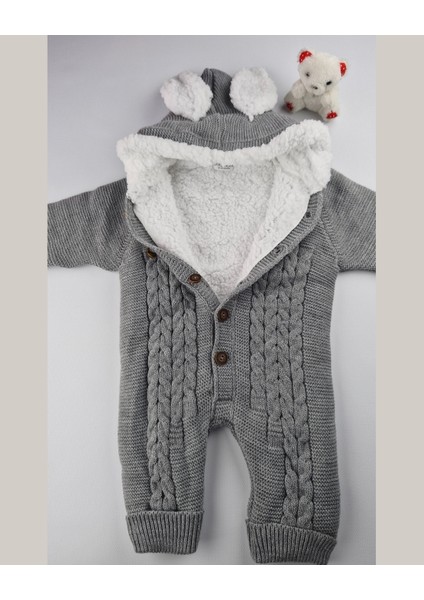 Asliva Bebek Triko Tulum – Kapüşonlu Kulak Detaylı Peluş Astarlı Kışlık Bebek Tulumu