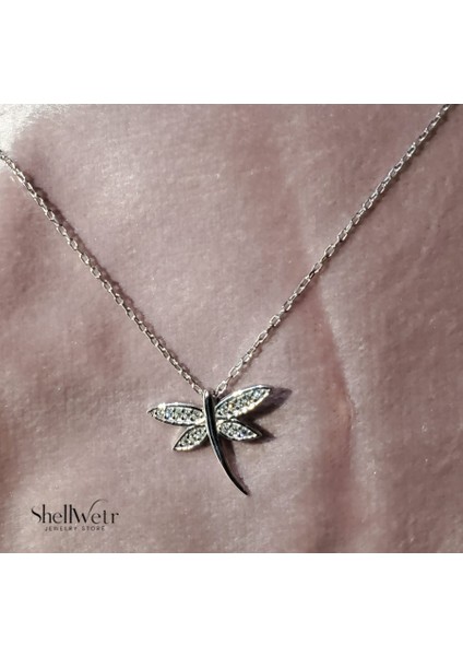 Dragonfly 925 Ayar Gümüş Yusufcuk Parlak Taşlı Kadın Kolye