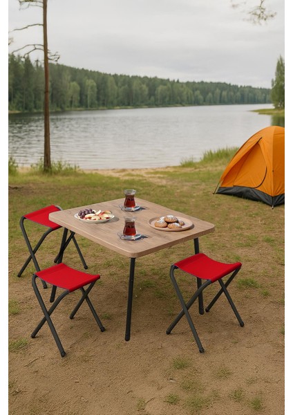 45X60 cm Kamp Sehpası + 3 Adet Kırmızı Tabure Piknik, Bahçe Balkon Sehpası Katlanır Sehpa-A-3k