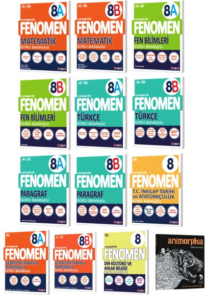 2026 Fenomen Okul 8. Sınıf Tüm Dersler Soru Bankası A ve B Seti - 13 Kitap (Animorphia Hediyeli)