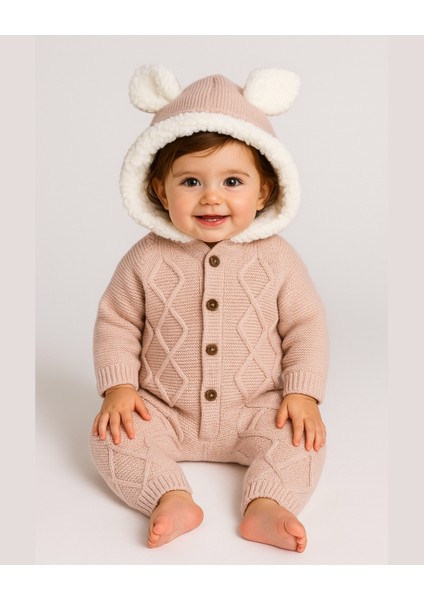 Asliva Bebek Triko Tulum – Kapüşonlu Kulak Detaylı Peluş Astarlı Kışlık Kız Bebek Tulumu fiyatları
