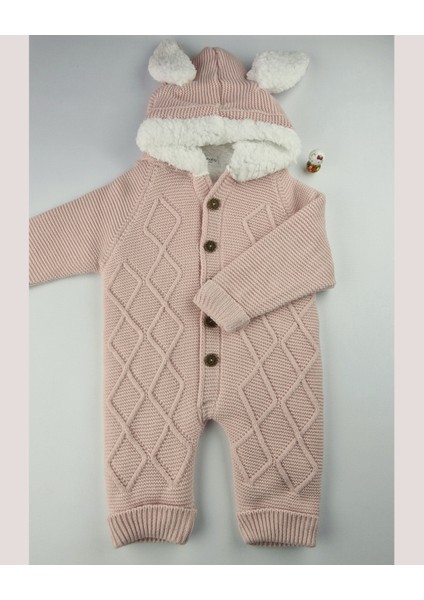 Asliva Bebek Triko Tulum – Kapüşonlu Kulak Detaylı Peluş Astarlı Kışlık Kız Bebek Tulumu
