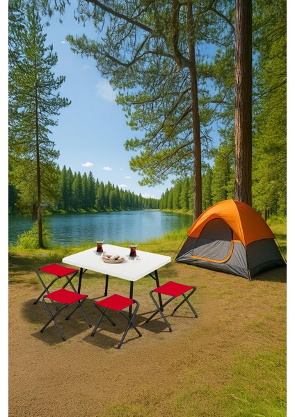 45X60 cm Kamp Sehpası + 4 Adet Kırmızı Tabure Piknik, Bahçe Balkon Sehpası Katlanır Sehpa-B-4k