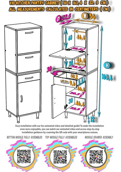 Vio (50X163,4X32,5 Cm) Yeni Çekmeceli, Kapaklı, Ekmeklikli, Çok Amaçlı Mutfak Dolabı. indirimleri