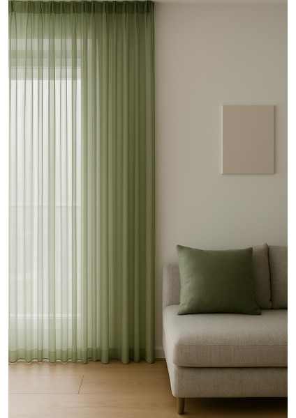 Dökümlü Düz Tül Perde - Haki Yeşil - Pileli Dikim 1x2,5 Pile - KH878
