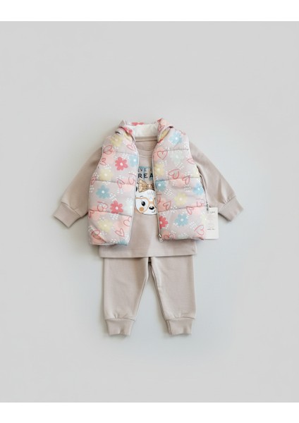 Kız Bebek Kalp ve Çiçek Desenli Yelekli 3'lü Takım modelleri