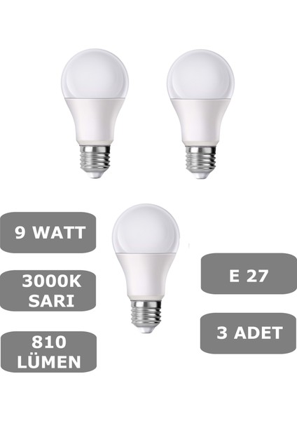9W E27 LED Ampul 3000K Sıcak Sarı Işık (3 Adet)