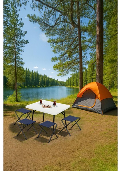 45X60 cm Kamp Sehpası + 4 Adet Lacivert Tabure Piknik, Bahçe Sehpası Katlanır Sehpa-B-4l