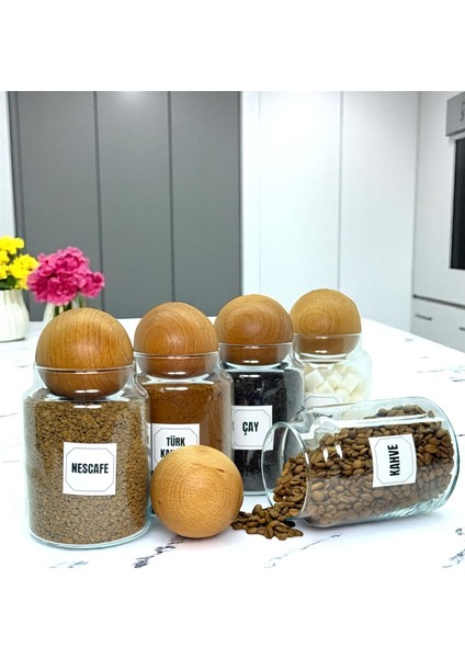 5'li Ahşap Top Kapaklı Cam Kahve Çay Hazır Kahve Şeker Türk Kahvesi Saklama Kavanozu Seti 800 ml