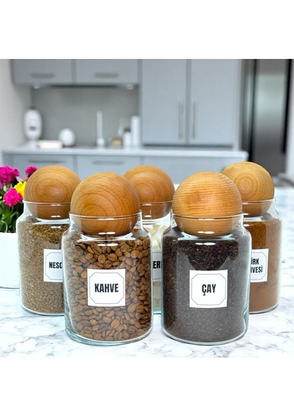 5'li Ahşap Top Kapaklı Cam Kahve Çay Hazır Kahve Şeker Türk Kahvesi Saklama Kavanozu Seti 800 ml fiyatları