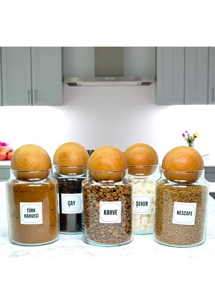 5'li Ahşap Top Kapaklı Cam Kahve Çay Hazır Kahve Şeker Türk Kahvesi Saklama Kavanozu Seti 800 ml modelleri