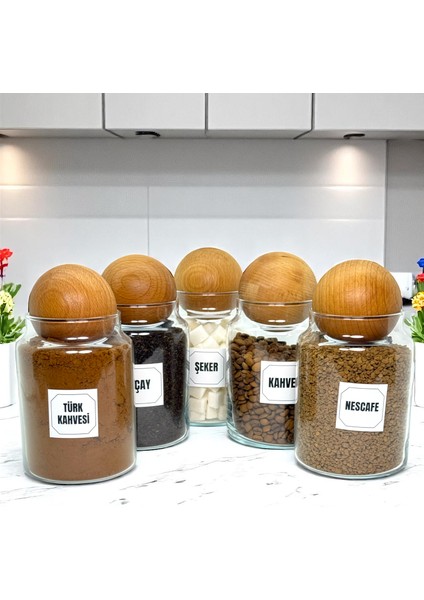 5'li Ahşap Top Kapaklı Cam Kahve Çay Hazır Kahve Şeker Türk Kahvesi Saklama Kavanozu Seti 800 ml fırsatları