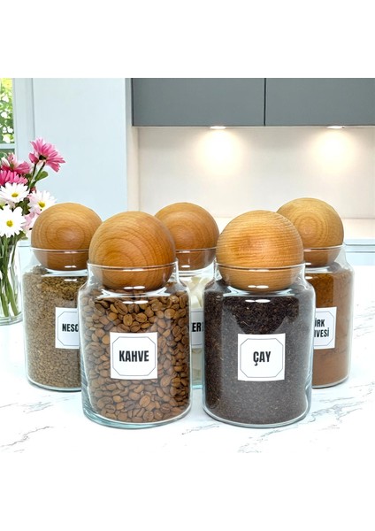 5'li Ahşap Top Kapaklı Cam Kahve Çay Hazır Kahve Şeker Türk Kahvesi Saklama Kavanozu Seti 800 ml indirimleri