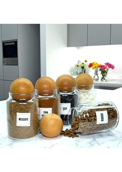5'li Ahşap Top Kapaklı Cam Kahve Çay Hazır Kahve Şeker Türk Kahvesi Saklama Kavanozu Seti 800 ml