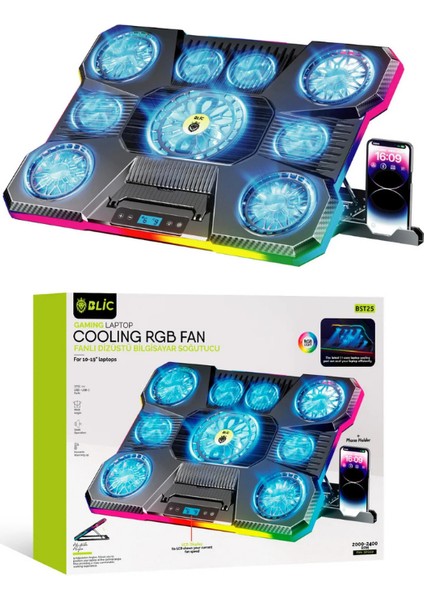 Laptop Soğutucu Rgb 9 Fanlı LCD Ekranlı 10-19" Inç 2.400RPM Telefon Tutacaklı Notebook Dizüstü Soğutucu Stand