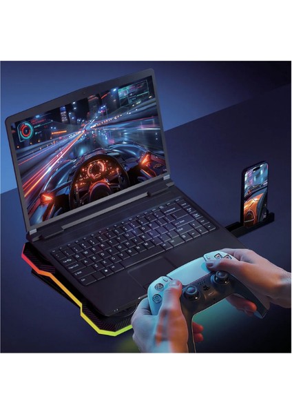 Laptop Soğutucu Rgb 9 Fanlı LCD Ekranlı 10-19" Inç 2.400RPM Telefon Tutacaklı Notebook Dizüstü Soğutucu Stand