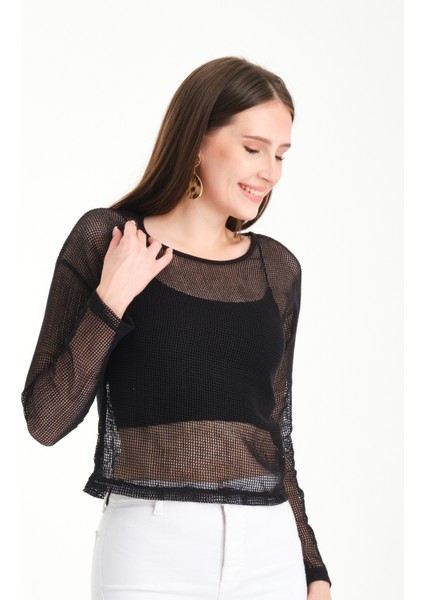 Uzun Kol Kare File Bluz indirimleri