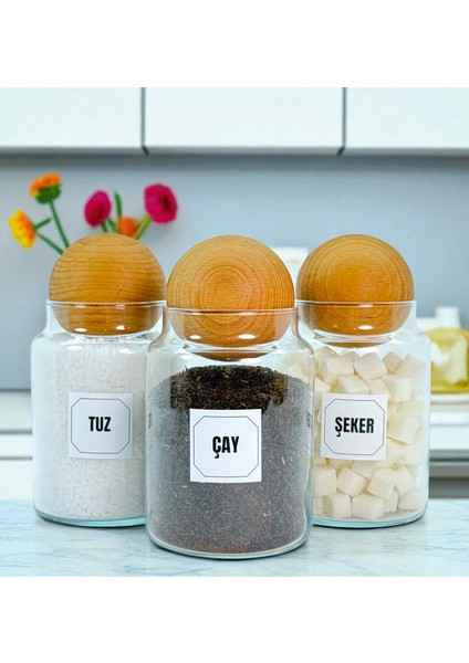 3'lü Ahşap Top Kapaklı Cam Çay Tuz Şeker Saklama Kavanozu Seti 800 ml Etiket Hediyeli