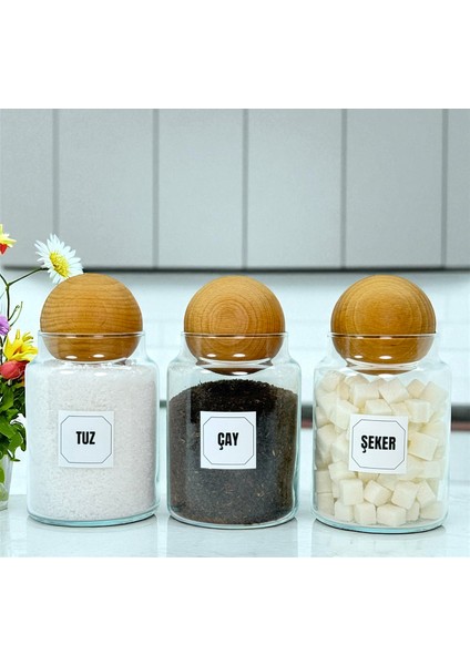 3'lü Ahşap Top Kapaklı Cam Çay Tuz Şeker Saklama Kavanozu Seti 800 ml Etiket Hediyeli fiyatları