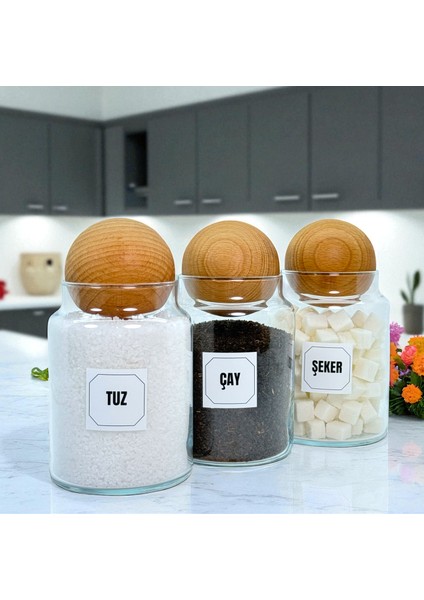 3'lü Ahşap Top Kapaklı Cam Çay Tuz Şeker Saklama Kavanozu Seti 800 ml Etiket Hediyeli modelleri