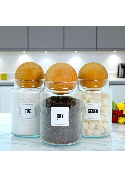 3'lü Ahşap Top Kapaklı Cam Çay Tuz Şeker Saklama Kavanozu Seti 800 ml Etiket Hediyeli fırsatları