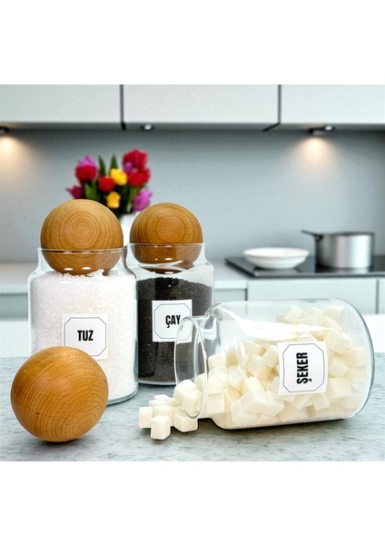 3'lü Ahşap Top Kapaklı Cam Çay Tuz Şeker Saklama Kavanozu Seti 800 ml Etiket Hediyeli