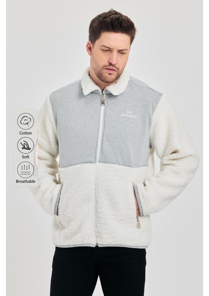 Erkek Yarım Kürklü Kışlık Gri Bol Peluş Ceket