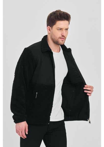 Erkek Yarım Kürklü Kışlık Siyah Bol Peluş Ceket modelleri