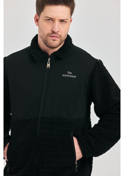 Erkek Yarım Kürklü Kışlık Siyah Bol Peluş Ceket