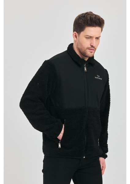 Erkek Yarım Kürklü Kışlık Siyah Bol Peluş Ceket