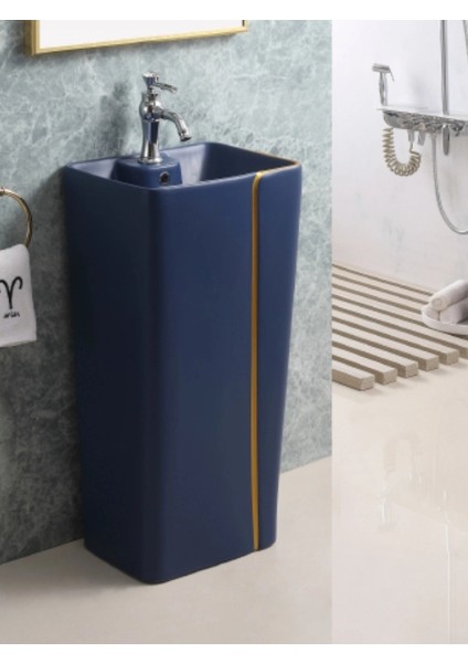 Mono Blok Ayaklı Kolon Köşeli Seramik Lavabo