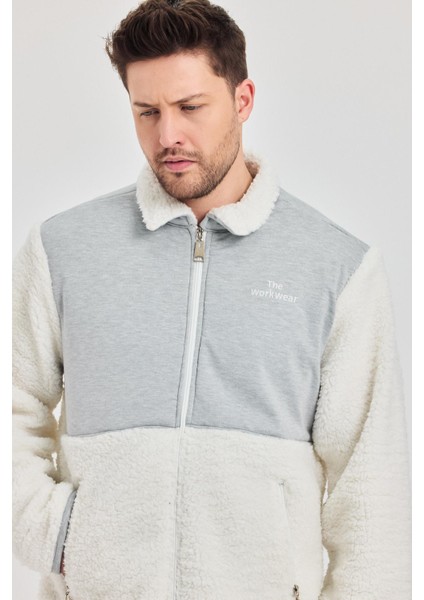 Erkek Yarım Kürklü Kışlık Gri Bol Peluş Ceket