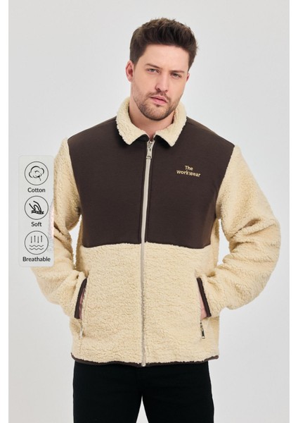 Erkek Yarım Kürklü Kışlık Sarı Bol Peluş Ceket