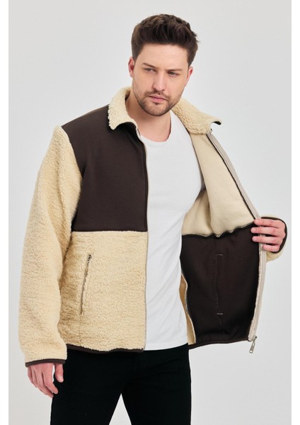 Erkek Yarım Kürklü Kışlık Sarı Bol Peluş Ceket fırsatları