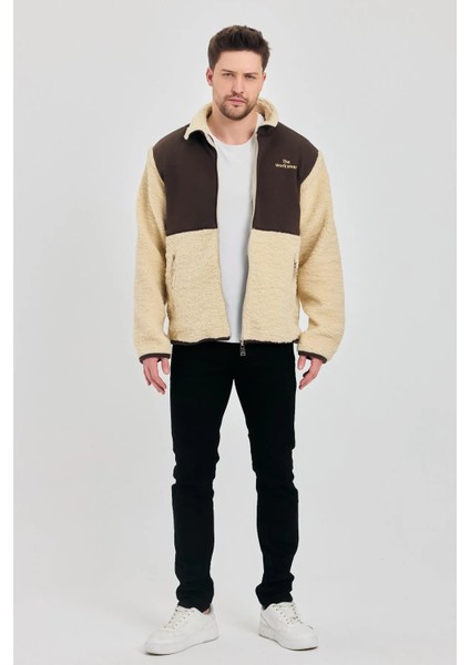 Erkek Yarım Kürklü Kışlık Sarı Bol Peluş Ceket