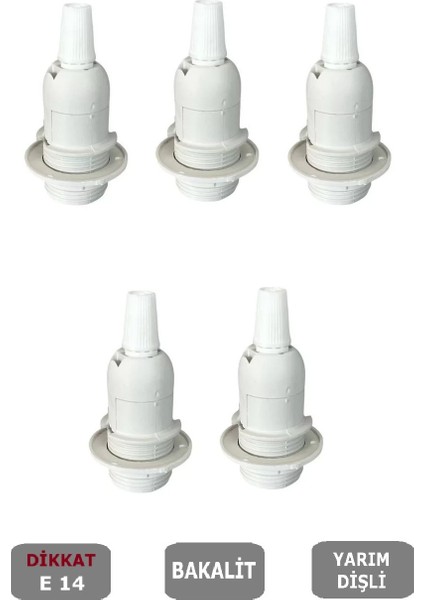 İtalyan E14 Duy (MİNİ DUY) Bakalit Geçmeli Yarım Diş Beyaz (250V-2A) 5 Adet