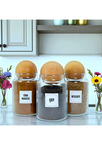 3'lü Ahşap Top Kapaklı Cam Türk Kahvesi Çay Hazır Kahve Saklama Kavanozu Seti 800 ml Etiket Hediyeli