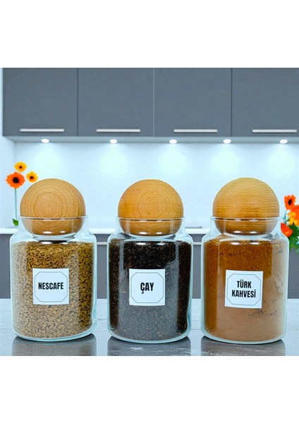 3'lü Ahşap Top Kapaklı Cam Türk Kahvesi Çay Hazır Kahve Saklama Kavanozu Seti 800 ml Etiket Hediyeli fiyatları