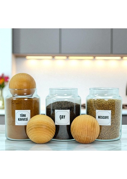 3'lü Ahşap Top Kapaklı Cam Türk Kahvesi Çay Hazır Kahve Saklama Kavanozu Seti 800 ml Etiket Hediyeli modelleri