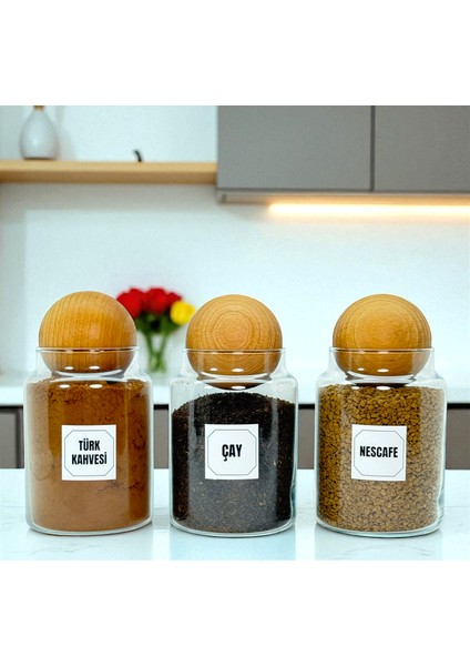 3'lü Ahşap Top Kapaklı Cam Türk Kahvesi Çay Hazır Kahve Saklama Kavanozu Seti 800 ml Etiket Hediyeli indirimleri