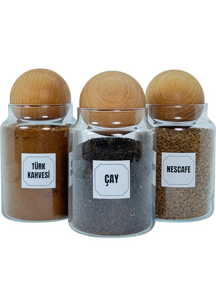 3'lü Ahşap Top Kapaklı Cam Türk Kahvesi Çay Hazır Kahve Saklama Kavanozu Seti 800 ml Etiket Hediyeli