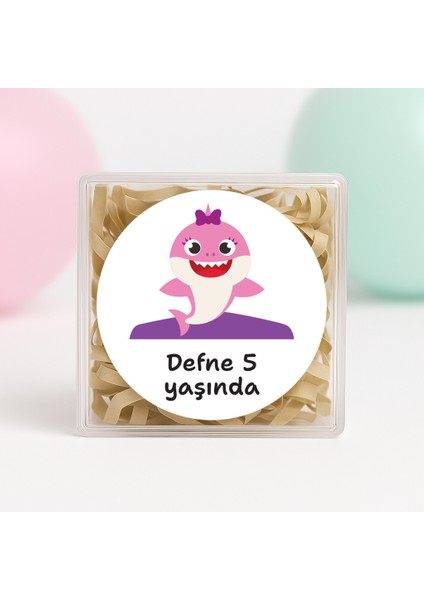 Kişiye Özel Shark Pembe Temalı Doğum Günü Temalı Baskılı Yapışkanlı Etiket 4 cm Yuvarlak 24 Adet