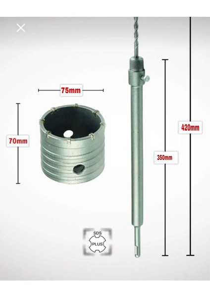75MM Beton Duvar Delme Panç + Sds-Plus (350MM) Uzun Adaptörlü