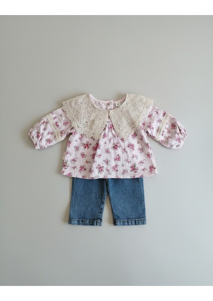 Şık Pembe Fırfırlı Sweat ve Kot Pantolonlu 2'li Takım Kız Bebek modelleri